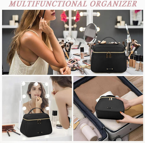 RAINSMORE Travel Makeup Bag Large Make Up Bag Waterproof Cosmetic Bag with Separate Brushes Slot Toiletry Bag for Women Portable Cosmetic Case Pou...