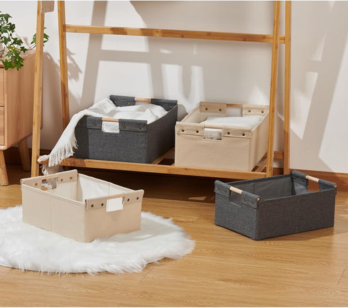 Storage Bins Cotton Linen Fabric Storage Boxes Basket with Wooden Handles Foldable Washable Decorative Shelf Container Clothes Organizer Home Laun...