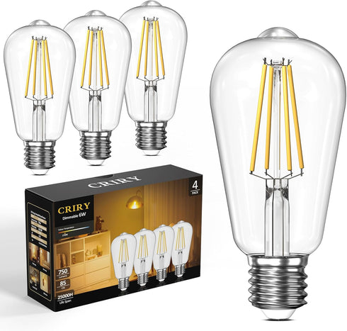 Dimmable Edison LED Light Bulbs 60 Watt Equivalent, 6W 2700K Warm Light E26 LED Bulbs for Table Lamp Bathroom Vanity Outdoor Wall Light ST58, 750L...