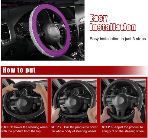 Bling Car Steering Wheel Cover, Sparkling Crystal Rhinestone Auto Wheel Protector, Anti Slip Cover Fit 15 Inch Steering Wheel for Women Girls, Uni...
