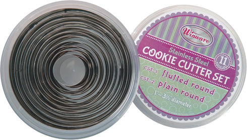 Winco 11 Piece Plain Round 1" to 3" Diameter x 1"H Stainless Steel Cookie Cutter Set...