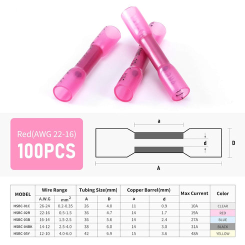 Heat Shrink Butt Wire Connectors, 100Pcs 22-16 AWG Red Insulated Waterproof Electrical Wire Connectors Automotive Marine Grade Wire Crimp Terminal...