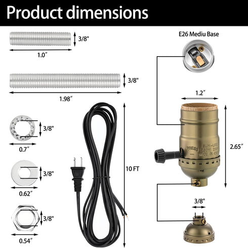 Lamp Rewire Kit, 10 Foot Matching Cord, 3 Way Socket and Essential Hardware, Table and Floor Lamps Socket Replacement, Rewire and Repair, DIY Ligh...