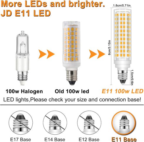 JD E11 LED Bulb Dimmable, E11 120V 100W Halogen Equivalent, T3/T4 Mini Candelabra Base, 10W 1000 LM E11 Bulbs for Ceiling Fans, Chandeliers, Cabin...