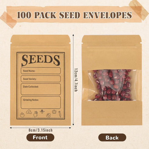 100pcs Seed Saving Envelopes with Clear Window, 4.7x3.1 Inch Reusable Seed Kraft Storage Organizer Packets Envelopes for Flower Vegetable Plants G...