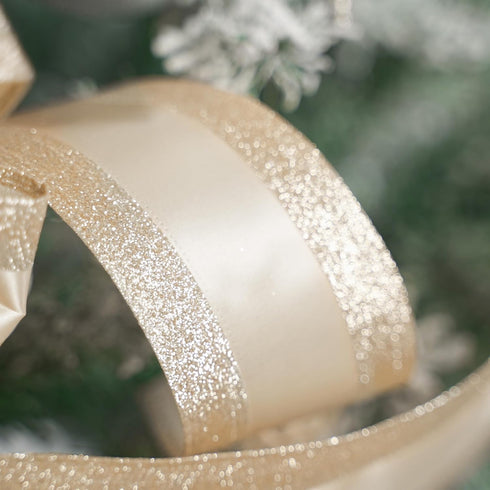 HUIHUANG Champagne Gold Wired Satin Ribbon with Glitter Stripe Edges 2.5 inch, Champagne Christmas Ribbon for Tree, Bows Making, Wreath Supplies, ...