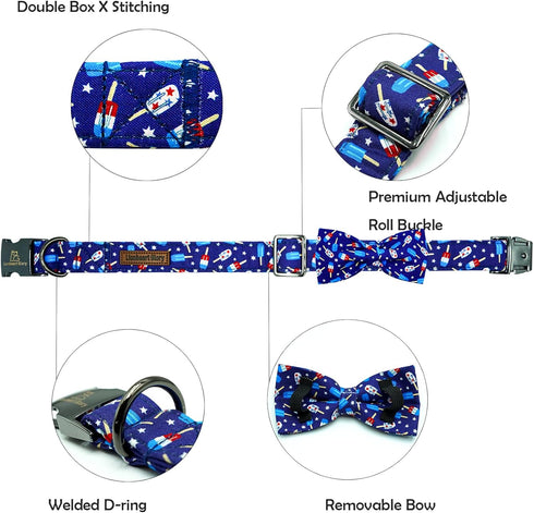 Lionheart glory American Flag Dog Collar 4 of July Dog Bow Collar Independence Day Heavy Duty Adjustable Patriotic Dog Collar with Bowtie for Larg...