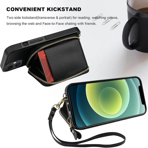 Bocasal RFID Blocking Wallet Case for iPhone 12/12 Pro, Adjustable Crossbody Zipper Purse Case Card Holder with Kickstand Detachable Wrist Strap, ...