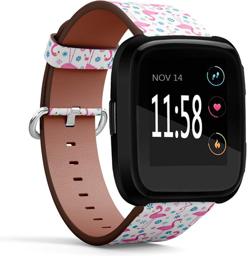 Compatible with Fitbit Versa, Versa 2, Versa LITE - Quick Release Leather Wristband Bracelet Replacement Accessory Band - Flamingo Birds Flowers...