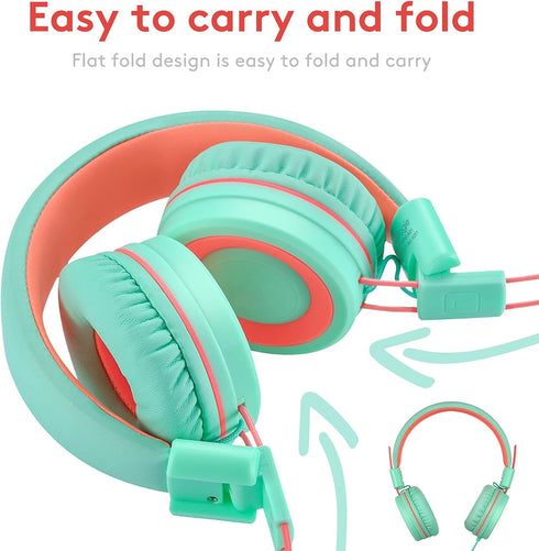 A21 Kids Headphones for School/PC/Cellphone/Airplane Travel with 3.5mm Jack Children Boys Girls Foldable Wired On-Ear Headset (Mint Coral)......