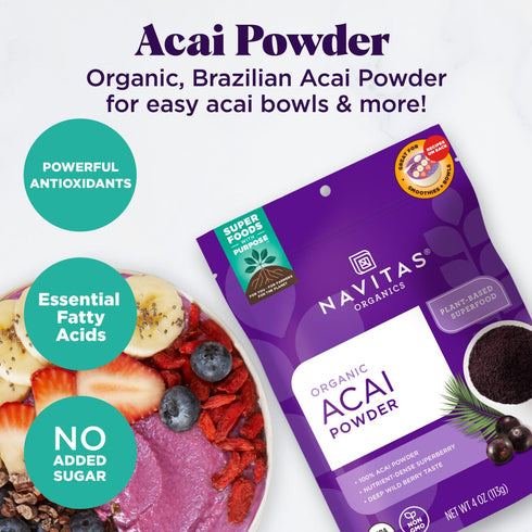 Navitas Organics Acai Powder – for Smoothie Bowls, Oatmeal, Dips, Sauces & More – Antioxidants, Omega 3 6 9, Fiber - USDA Organic, Non GMO, Kosher...