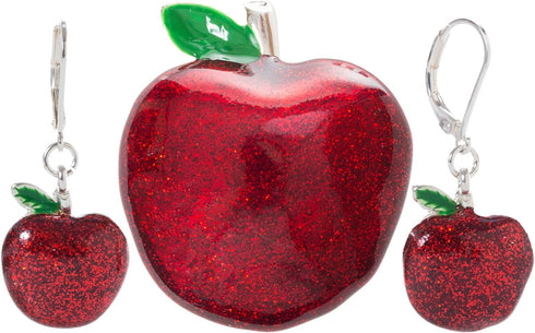 Artisan Owl - Red Apple Glitter Sparkling Enamel Dangle Earrings and Brooch Pendant Pin Set...
