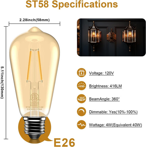LED Dimmable Edison Light Bulbs 4W, 2700K Warm White (Amber Glass) ST58, E26 Base Pack of 6...