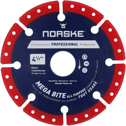 Norske Tools NDBS335 4.5 inch Mega Bite Diamond Vacuum Brazed Cutoff Wheel 7/8 inch Bore for Cutting in Wood, Tubular Metals, Non-Ferrous Metals, ...