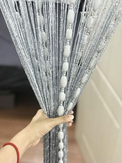 Door String Curtain Flat Silver Ribbon Thread with Shaggy Tassel Room Divider, 39’’x79’’ (Grey-style2)...