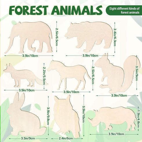 48 Pack Unfinished Wooden Woodland Forest Animal Life Cutouts,Bear,Fox,Elephant,Rabbit,Squirrel,Horse,Rhinoceros,Owl Shapes Model for Home Decor O...