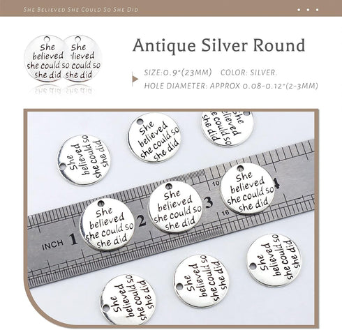 JIALEEY 30pcs Alloy She believed she could so she did DIY Message Charms Pendant for Crafting Bracelet Necklace Jewelry Making Accessory, Antique ...