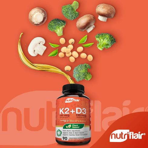 NutriFlair Vitamins D3 (5000iu/125mcg) + K2 (as Mk7) - Made with Plant-Based Ingredients Plus BioPerine Black Pepper Extract, 90 Capsules - Suppor...
