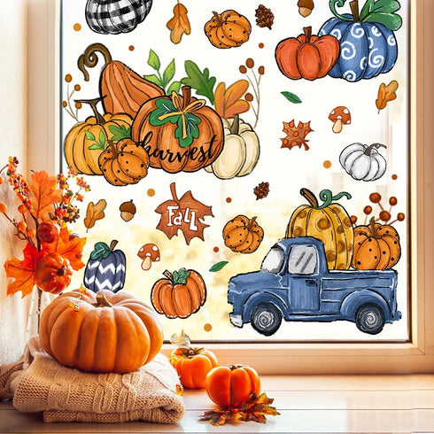 6 Sheets Fall Window Clings Double-Sided Window Stickers with Orange Maple Leaves Pumpkins Blue Truck Thanksgiving Window Decals for Autumn Home H...