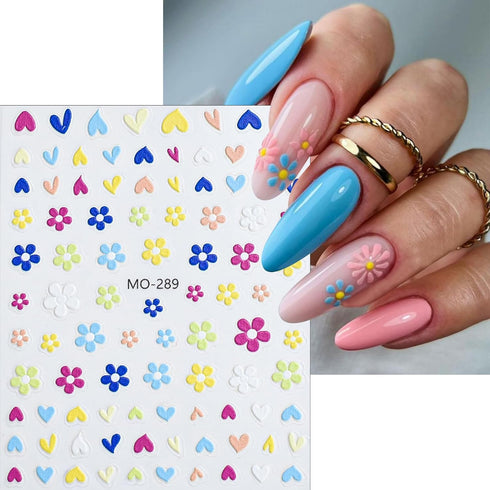 Flower Nail Art Stickers 5D Embossed Self Adhesive Nail Decals Spring Daisy Nail Design Summer Flower Petal Heart Nails Supplies Nail Sticker for ...