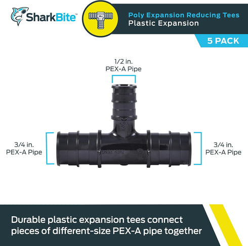 SharkBite 3/4 Inch x 3/4 Inch x 1/2 Inch Poly Expansion Reducing Tee for PEX-A Pipe, Pack of 5, Plastic Plumbing Fittings, Reducing Tee for PEX-A ...