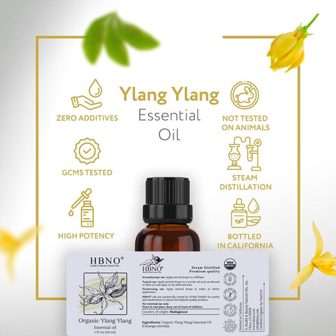 HBNO Organic Ylang ylang Essential Oil - 1 oz (30ml) - USDA Certified Organic Ylang ylang Essential Oil for Aromatherapy, Soap Making, DIY, Diffus...