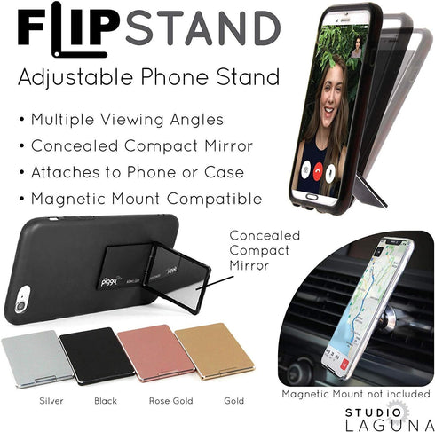Flip Stand Adjustable Phone Stand & Grip with Compact Mirror, Compatible with Magnet Car Mount (Silver)...