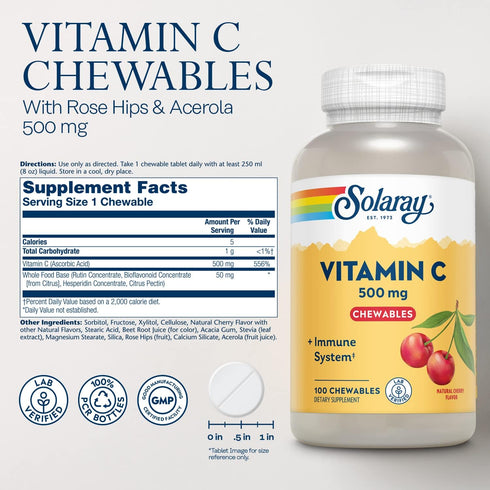 SOLARAY Chewable Vitamin C 500 mg, Natural Cherry Flavor with Natural Sweeteners, Antioxidant and Immune Support Supplement with Whole Food Base, ...