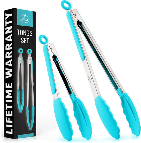 Zulay Stainless Steel Kitchen Tongs with Silicone Tips - Set of 2 (9” & 12”) Locking Cooking Tongs with Non-Slip Grip - Heat Resistant, BBQ Food T...