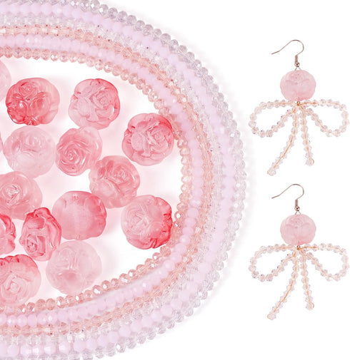 649Pcs 4mm Pink Rondelle Bicone Glass Beads Strands 20Pcs Acrylic Flower Rose Beads Kit Faceted Crystal Beads Cute Kandi Beads for Women Girls Cra...