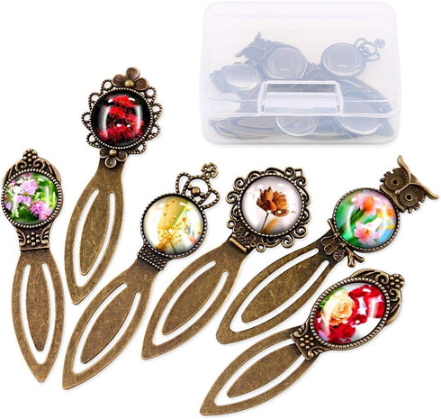 Glarks 12-Pieces Mixed Metal Antique Bronze Bookmark Sets, 6 Styles Round and Oval Alloy Trays and Glass Cabochons for Reading Gift Crafting DIY B...