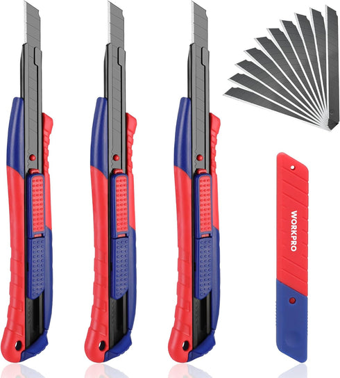 WORKPRO 2-In-1 Safety Utility Knife Retractable Snap-off blade, Metal Box Cutter Set, Razor Knife Exacto Craft Knives, with 10 Extra 9mm Blades, P...