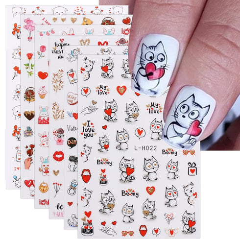 JMEOWIO 10 Sheets Valentines Day Heart Nail Art Stickers Decals Self-Adhesive Pegatinas Uñas Cute Cat Nail Supplies Nail Art Design Decoration Acc...