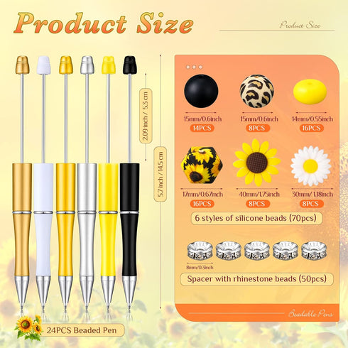24 Pcs Plastic Beadable Pens Bead Pens Leopard Print Sun Flower Silicone Beads Pens 50 Spacer Beads DIY Black Ink Ballpoint Pen for Women Kids Off...