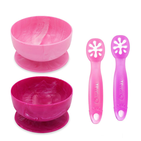 ChooMee Baby Suction Bowls & FlexiDip Learning Utensil Set, 4 CT Small, Light & Dark Pink...