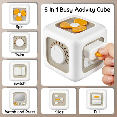 Ponpon Busy Cube for Toddlers, 6 in 1 Activity Cube for Children, Travel Toys for Toddlers for Fine Motor Skill Learning, Educational Birthday Gif...