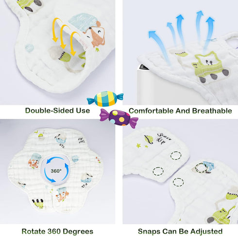 8-Pack 360° Rotate Organic Cotton Baby Bibs, Newborn Muslin Bibs For Teething And Drooling,Unisex Baby Bibs For Toddler, Adjustable With Snaps, Su...