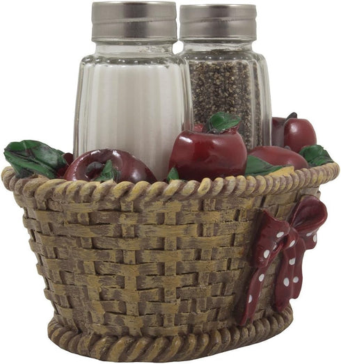 Apple Basket Glass Salt and Pepper Shaker Set with Holder in Country Kitchen Decor and Decorative Dining Room Table Gifts for Farmers...