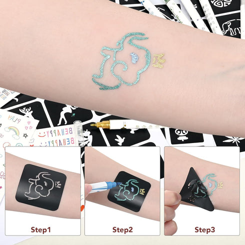 Temporary Tattoo Markers for Skin, 10 Pens Make Bold and Fine Lines,95 Tattoo Stencil Papers, 103 Tattoos Stickers, for Kids and Adults...