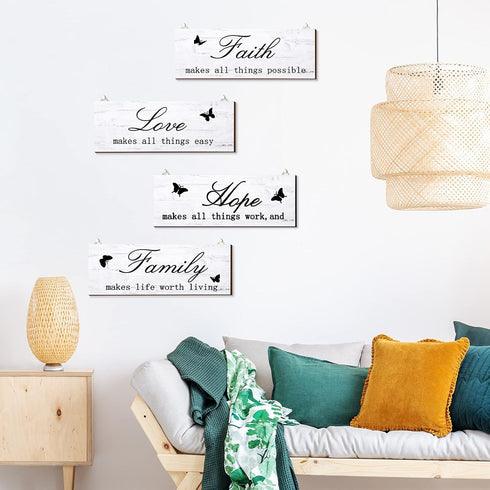 4 Pieces Faith Love Hope Family Wood Sign Farmhouse Wooden Family Sign with Quotes Faith Love Hope Family Home Sign Plaque Rustic Wooden Home Wall...