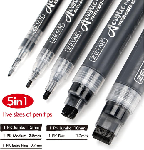 ZEYAR Acrylic Paint Marker Pens, 5 Different Point: Extra Jumbo Felt(15mm),Jumbo Felt(10mm), Medium Bullet(2-3mm), Fine(1mm), Extra Fine(0.7mm) (5...