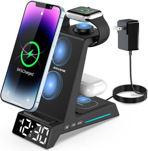 Wireless Charging Station - 4 in 1 Wireless Charger with Alarm Clock, Charging Stand Dock for iPhone 15/14/13/12/11/Pro/Max/XR/XS/X/Samsung Phone,...
