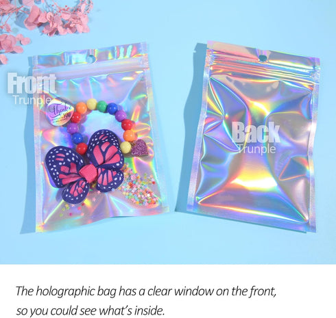 100 Pcs Holographic Resealable Packaging Bags for Small Business Supplies, Cute Small Color Smell Proof Foil Pouch Plastic Baggies for Lip Gloss S...