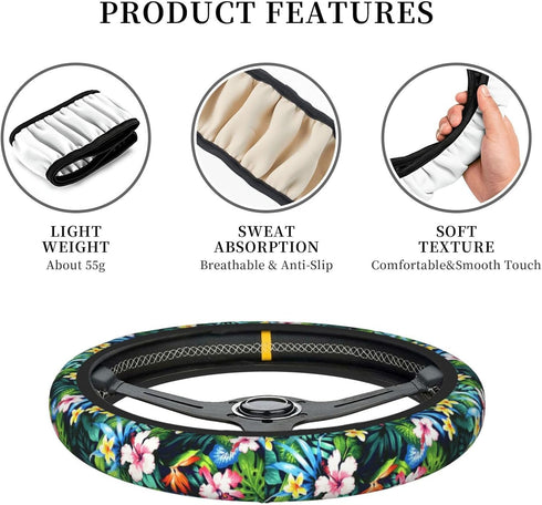 Pink White Hawaiian Flowers Car Accessories Cute Floral Steering Wheel Cover Women Soft Elastic Comfortable Car Steering Wheel Covers Protector Un...