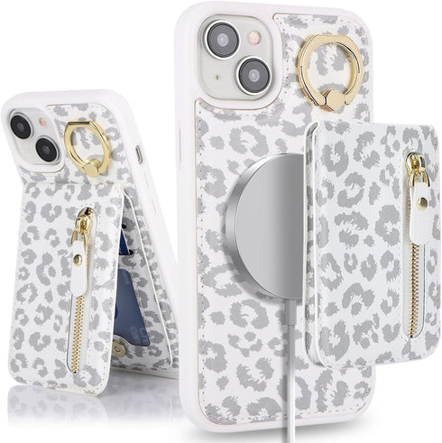iPhone 13 case with Card Holder, iPhone 13 Phone Case Wallet for Women magsafe Compatible Wallet Detachable 2-in-1 for Men-White Leopard......