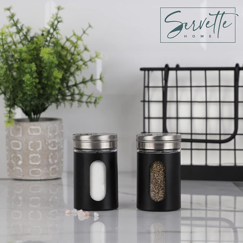Black Salt Pepper Shakers Retro Spice Jars Glass - Set of 2...