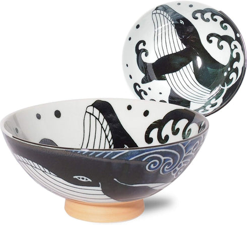 Minorutouki Rice Bowl Extra Large White Wave Whale Blue ?5.8×H2.6in 7.76oz Made in Japan...