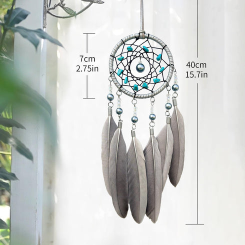 Small Dream Catchers for Cars Rear View Mirror, Handmade Car Charm Pendant Gray Feather and Turquoise Dream Catcher for Car Wall Bedroom Hanging D...
