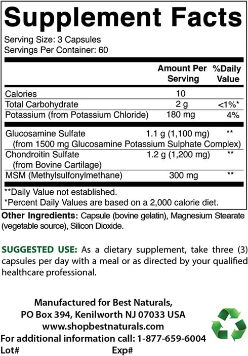 Best Naturals Glucosamine Chondroitin and MSM (Non-GMO) - Promotes Joint Health - 180 Count...