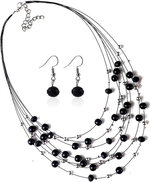 COLORFUL BLING Layered Crystal Beads Necklace and Earrings, Multi-strand Beaded Choker Necklaces for Women Statement Jewelry Wedding Parties Sweat...